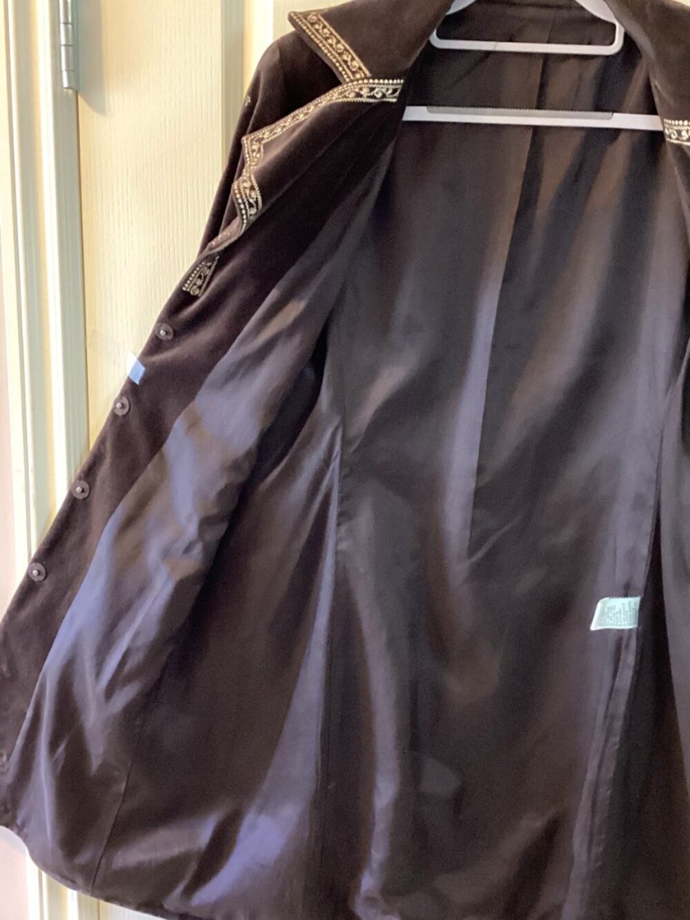 Nygard Collection Woman's Long Boho Embroidered Velvet Coat Chocolate Brown - Picture 7 of 9